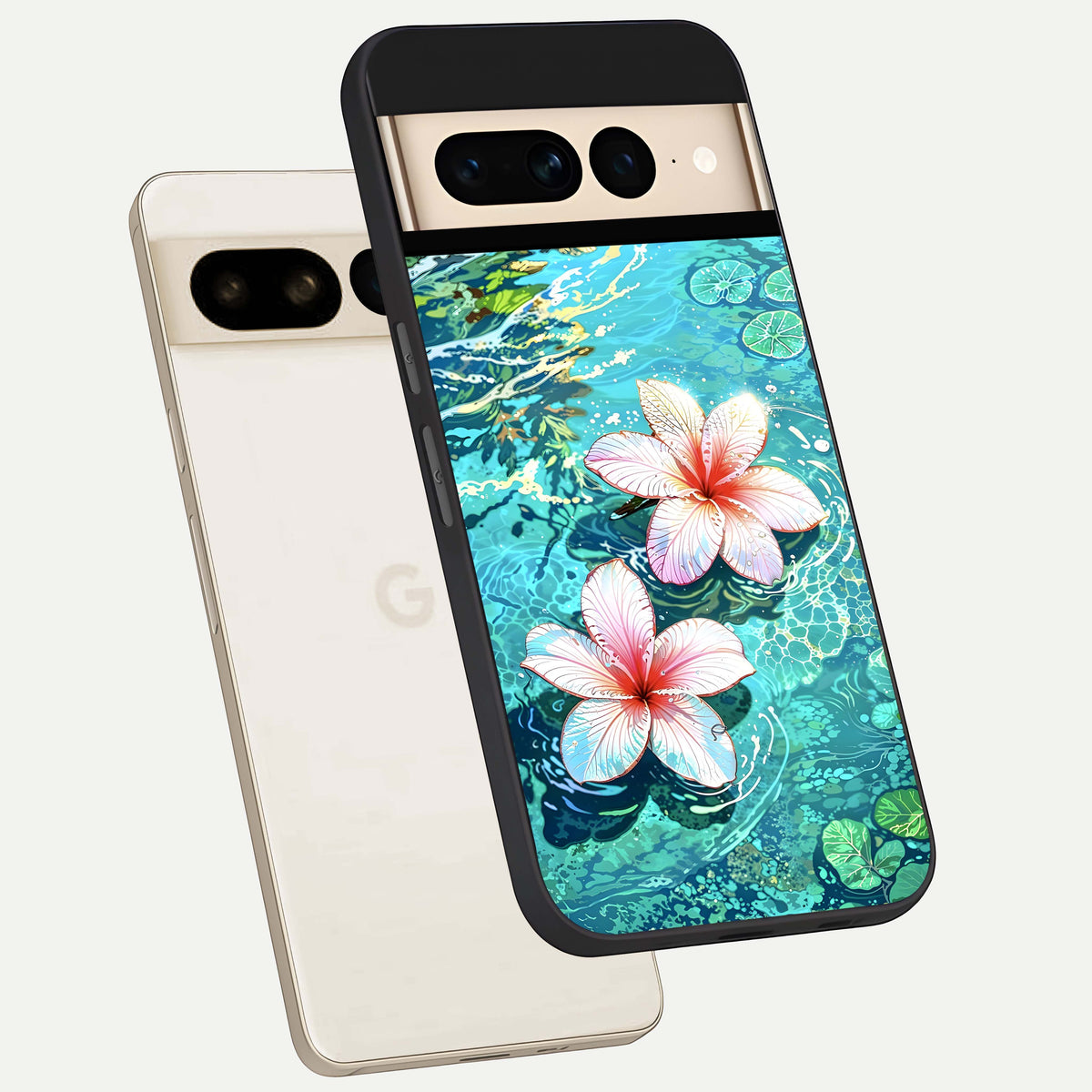  Pink Flowers in Water phone case For Google Pixel 7 Pro showing premium glass back cover with detailed artwork
