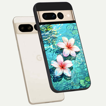  Pink Flowers in Water phone case For Google Pixel 7 Pro showing premium glass back cover with detailed artwork