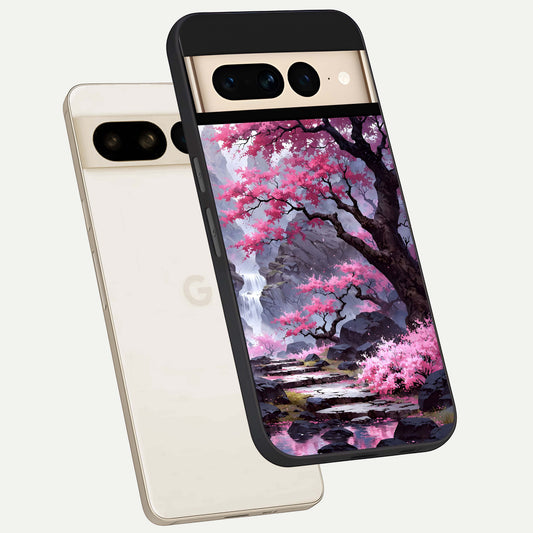  Pink Sunflower Glow phone case For Google Pixel 7 Pro showing premium glass back cover with detailed artwork