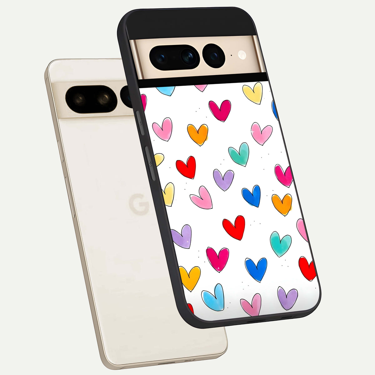  Playful Love Doodles phone case For Google Pixel 7 Pro showing premium glass back cover with detailed artwork