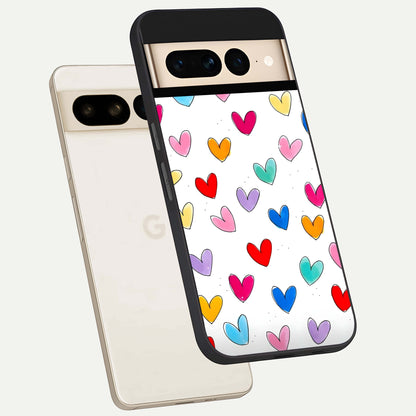  Playful Love Doodles phone case For Google Pixel 7 Pro showing premium glass back cover with detailed artwork