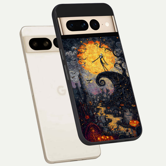  Pumpkin Moon Night phone case For Google Pixel 7 Pro showing premium glass back cover with detailed artwork