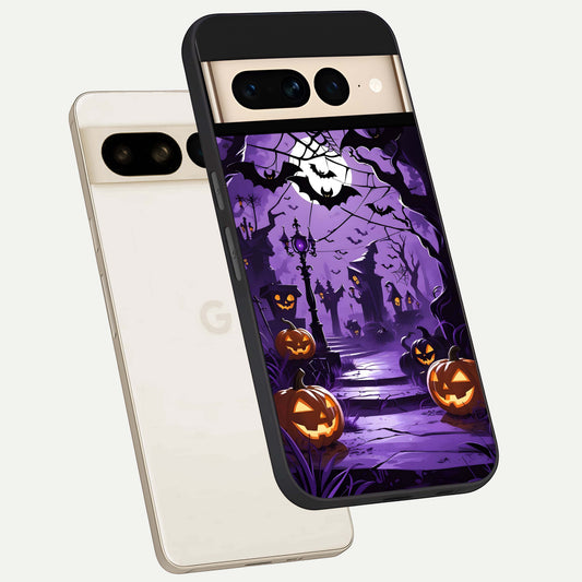  Pumpkin Patch Halloween phone case For Google Pixel 7 Pro showing premium glass back cover with detailed artwork