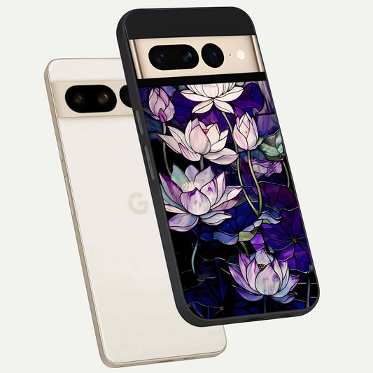  Purple Lotus Pattern phone case For Google Pixel 7 Pro showing premium glass back cover with detailed artwork