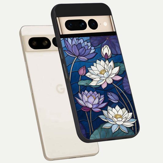  Purple Lotus Stained phone case For Google Pixel 7 Pro showing premium glass back cover with detailed artwork
