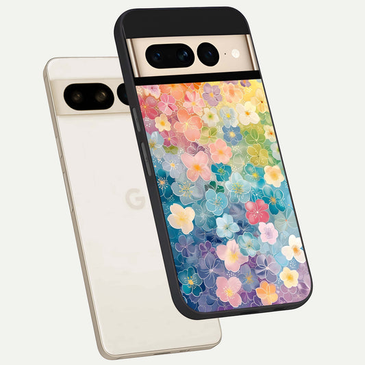  Rainbow Blossom Burst phone case For Google Pixel 7 Pro showing premium glass back cover with detailed artwork