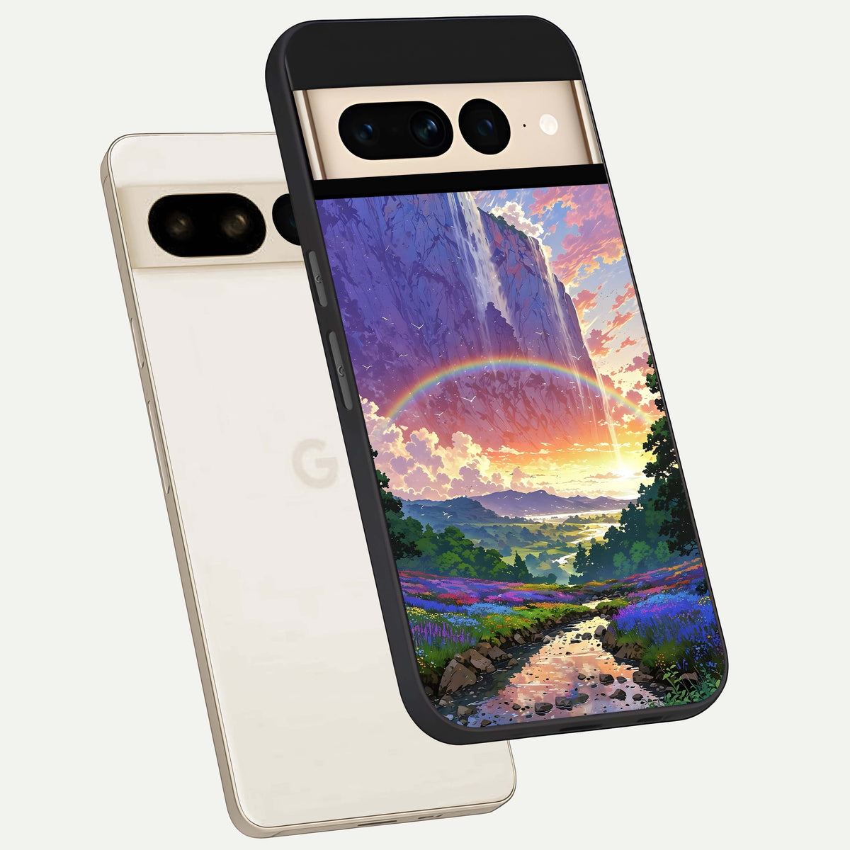  Rainbow Valley Dream phone case For Google Pixel 7 Pro showing premium glass back cover with detailed artwork