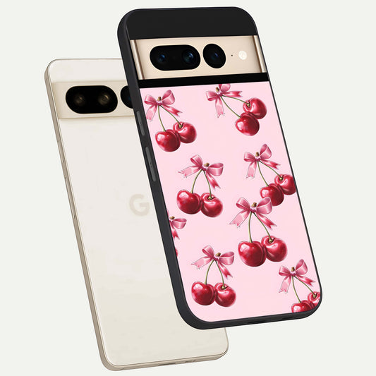  Red Cherries Pattern phone case For Google Pixel 7 Pro showing premium glass back cover with detailed artwork