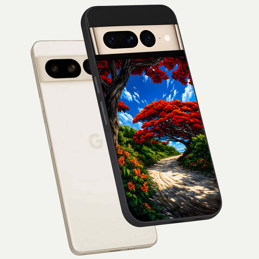  Red Trees Pathway phone case For Google Pixel 7 Pro showing premium glass back cover with detailed artwork