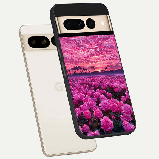  Rose Sunset Valley phone case For Google Pixel 7 Pro showing premium glass back cover with detailed artwork