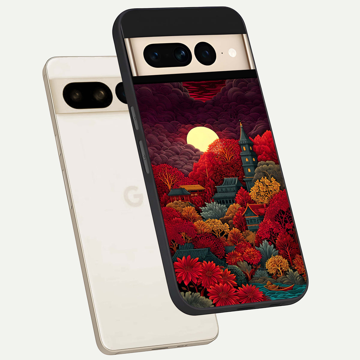  Scarlet Autumn Temple phone case For Google Pixel 7 Pro showing premium glass back cover with detailed artwork