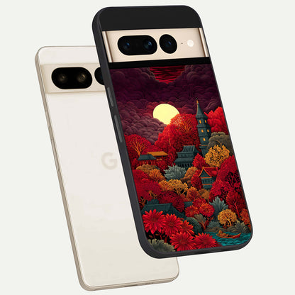  Scarlet Autumn Temple phone case For Google Pixel 7 Pro showing premium glass back cover with detailed artwork