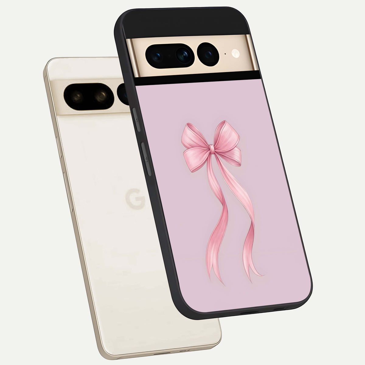  Soft Blush Bow phone case For Google Pixel 7 Pro showing premium glass back cover with detailed artwork