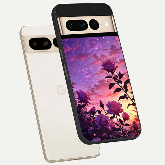  Starlit Rose Twilight phone case For Google Pixel 7 Pro showing premium glass back cover with detailed artwork