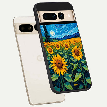  Starry Sunflower Dreams phone case For Google Pixel 7 Pro showing premium glass back cover with detailed artwork