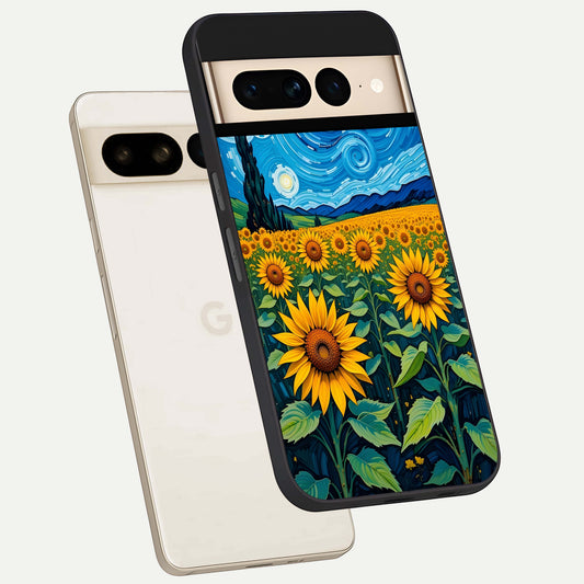  Starry Sunflower Dreams phone case For Google Pixel 7 Pro showing premium glass back cover with detailed artwork