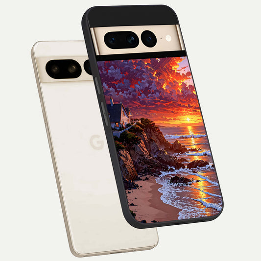  Sunset House By Sea phone case For Google Pixel 7 Pro showing premium glass back cover with detailed artwork