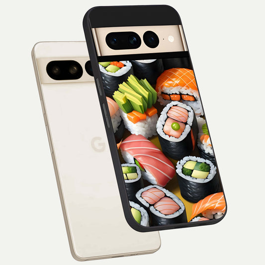  Sushi Food Pattern phone case For Google Pixel 7 Pro showing premium glass back cover with detailed artwork