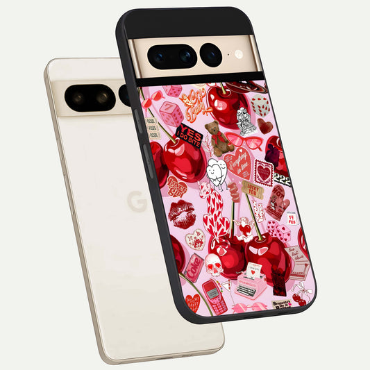  Sweet Cherry Chaos phone case For Google Pixel 7 Pro showing premium glass back cover with detailed artwork