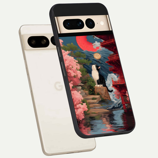  Temple Cat Scenery phone case For Google Pixel 7 Pro showing premium glass back cover with detailed artwork