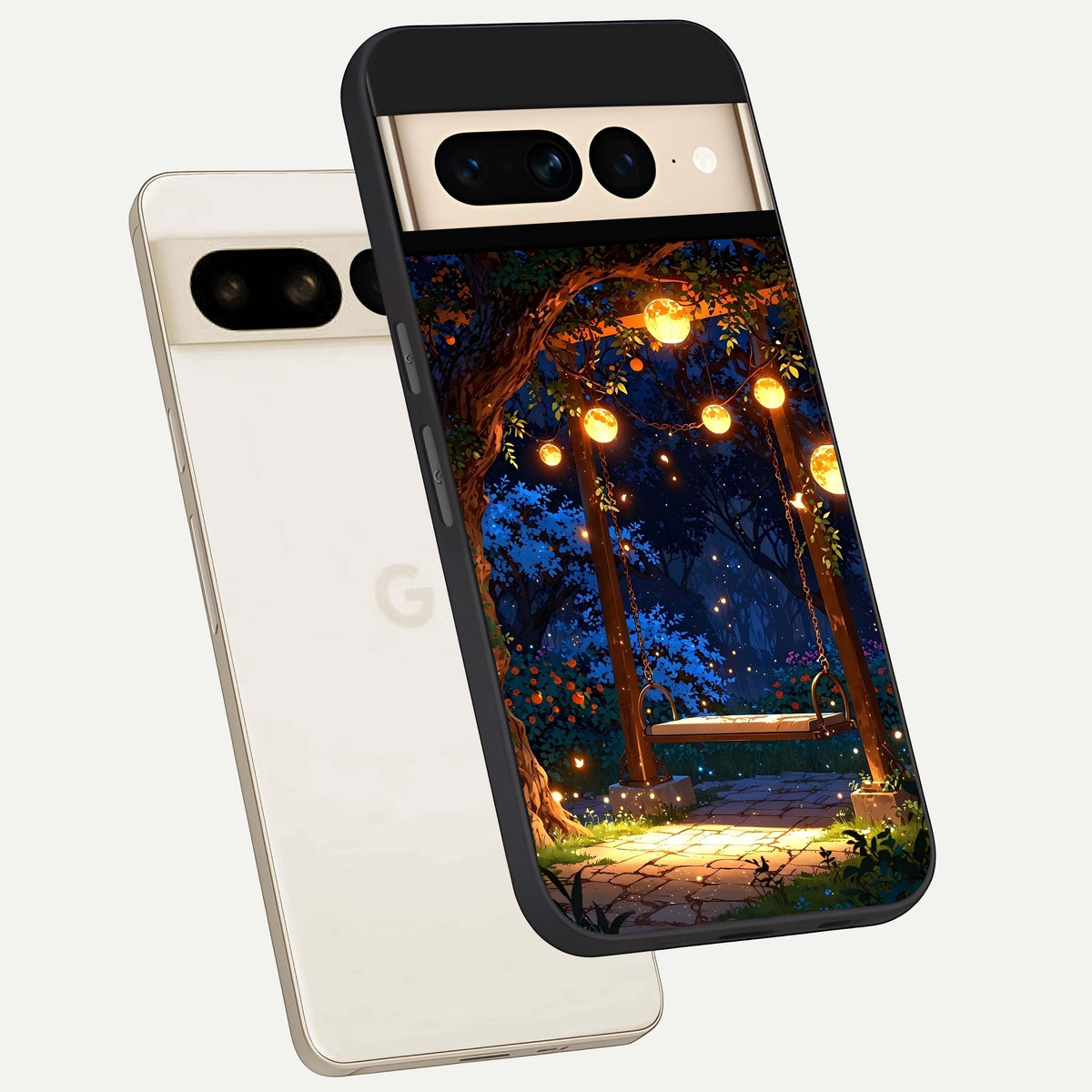  Twilight Garden Swing phone case For Google Pixel 7 Pro showing premium glass back cover with detailed artwork