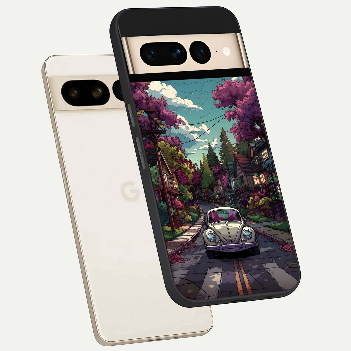  Vintage Street Drive phone case For Google Pixel 7 Pro showing premium glass back cover with detailed artwork