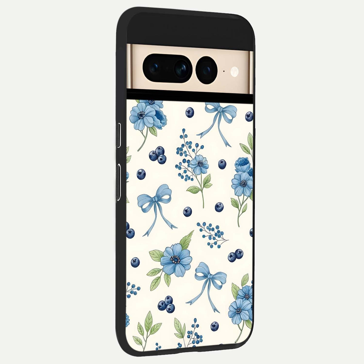  Blue Flower And Bow back cover For Google Pixel 7 Pro slim fit glass case with vibrant aesthetic design