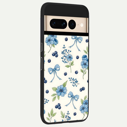  Blue Flower And Bow back cover For Google Pixel 7 Pro slim fit glass case with vibrant aesthetic design