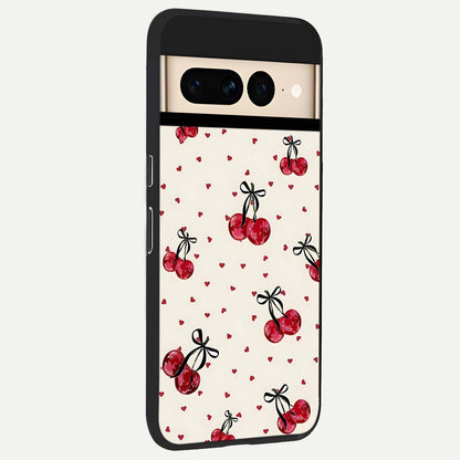  Cherry Heart Bow back cover For Google Pixel 7 Pro slim fit glass case with vibrant aesthetic design