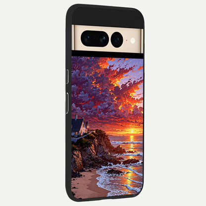  Sunset House By Sea back cover For Google Pixel 7 Pro slim fit glass case with vibrant aesthetic design