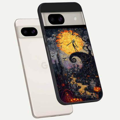  Pumpkin Moon Night back cover For Google Pixel 8A slim fit glass case with vibrant aesthetic design