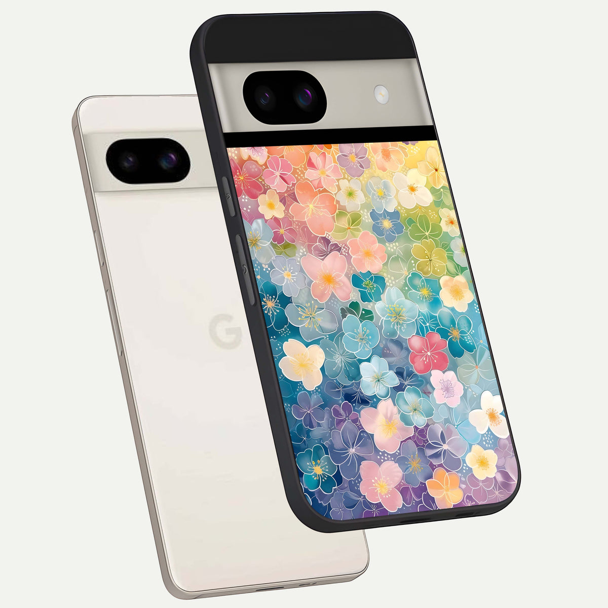  Rainbow Blossom Burst back cover For Google Pixel 8A slim fit glass case with vibrant aesthetic design