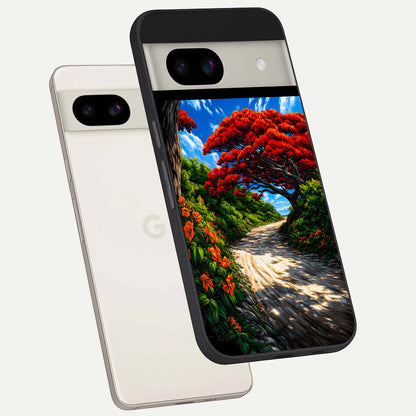  Red Trees Pathway back cover For Google Pixel 8A slim fit glass case with vibrant aesthetic design