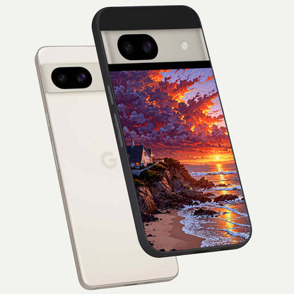  Sunset House By Sea back cover For Google Pixel 8A slim fit glass case with vibrant aesthetic design