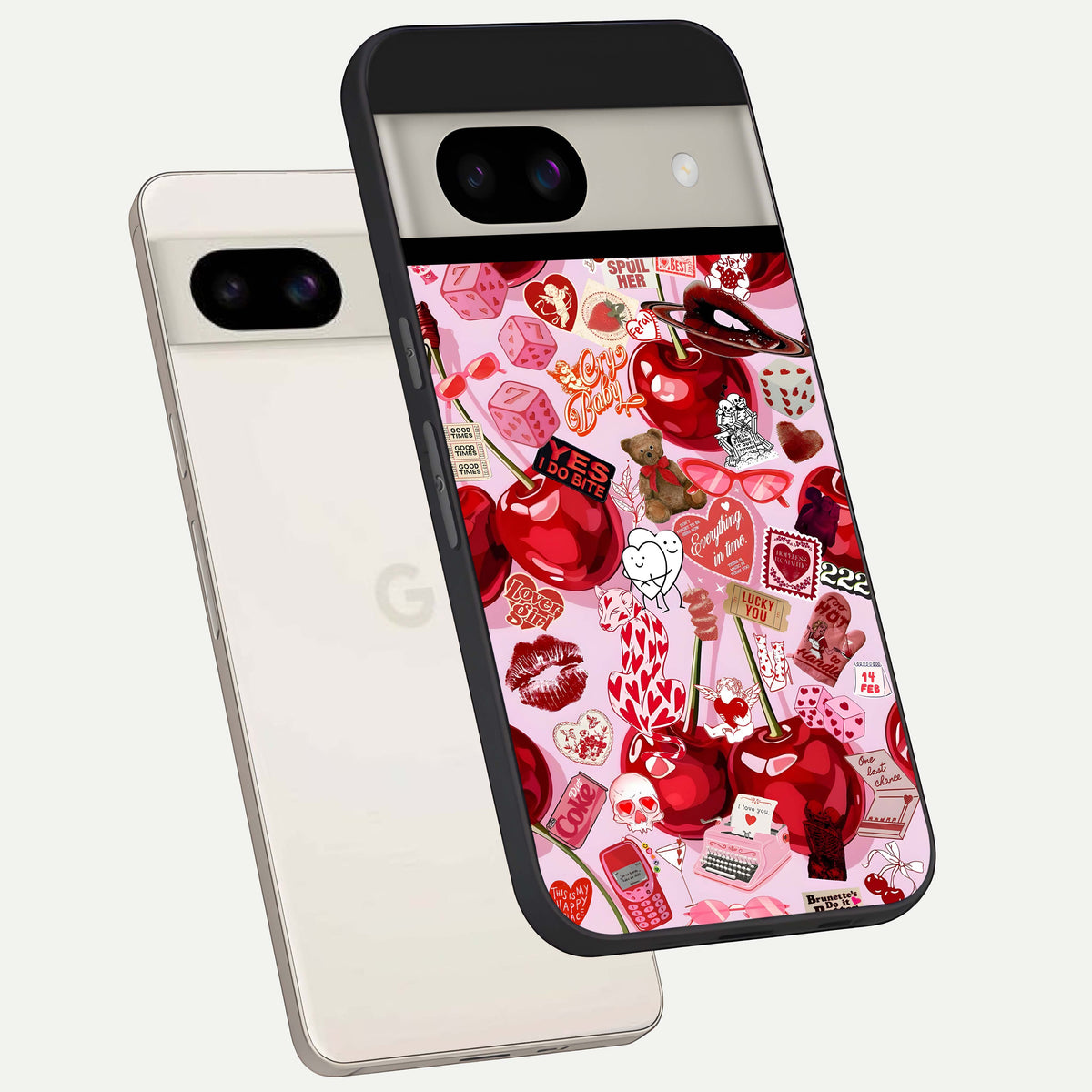  Sweet Cherry Chaos back cover For Google Pixel 8A slim fit glass case with vibrant aesthetic design
