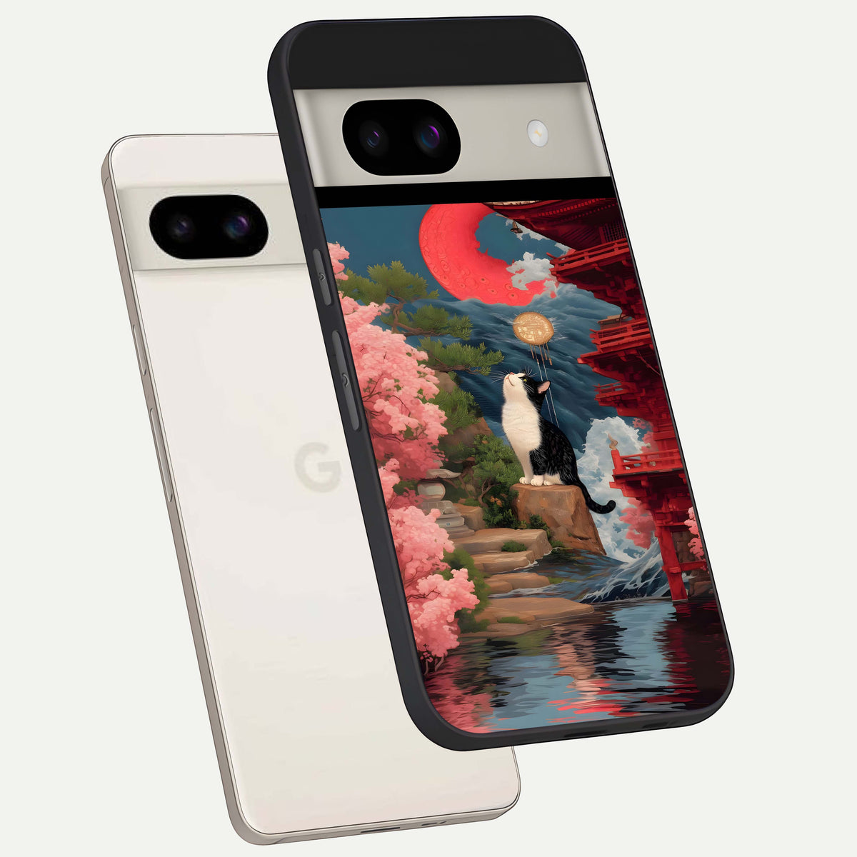  Temple Cat Scenery back cover For Google Pixel 8A slim fit glass case with vibrant aesthetic design