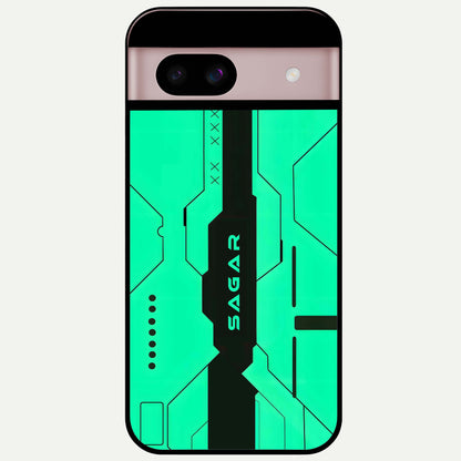  Aqua Tech CYBERPUNK Custom Name Glass Case For Google Pixel 8 back cover – full design glossy printed glass finish