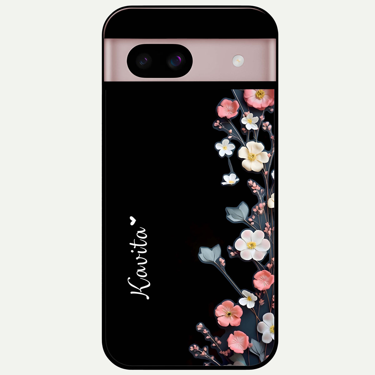  Black Elegance Floral Custom Name Glass Case For Google Pixel 8 back cover – full design glossy printed glass finish