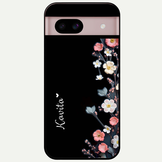  Black Elegance Floral Custom Name Glass Case For Google Pixel 8 back cover – full design glossy printed glass finish