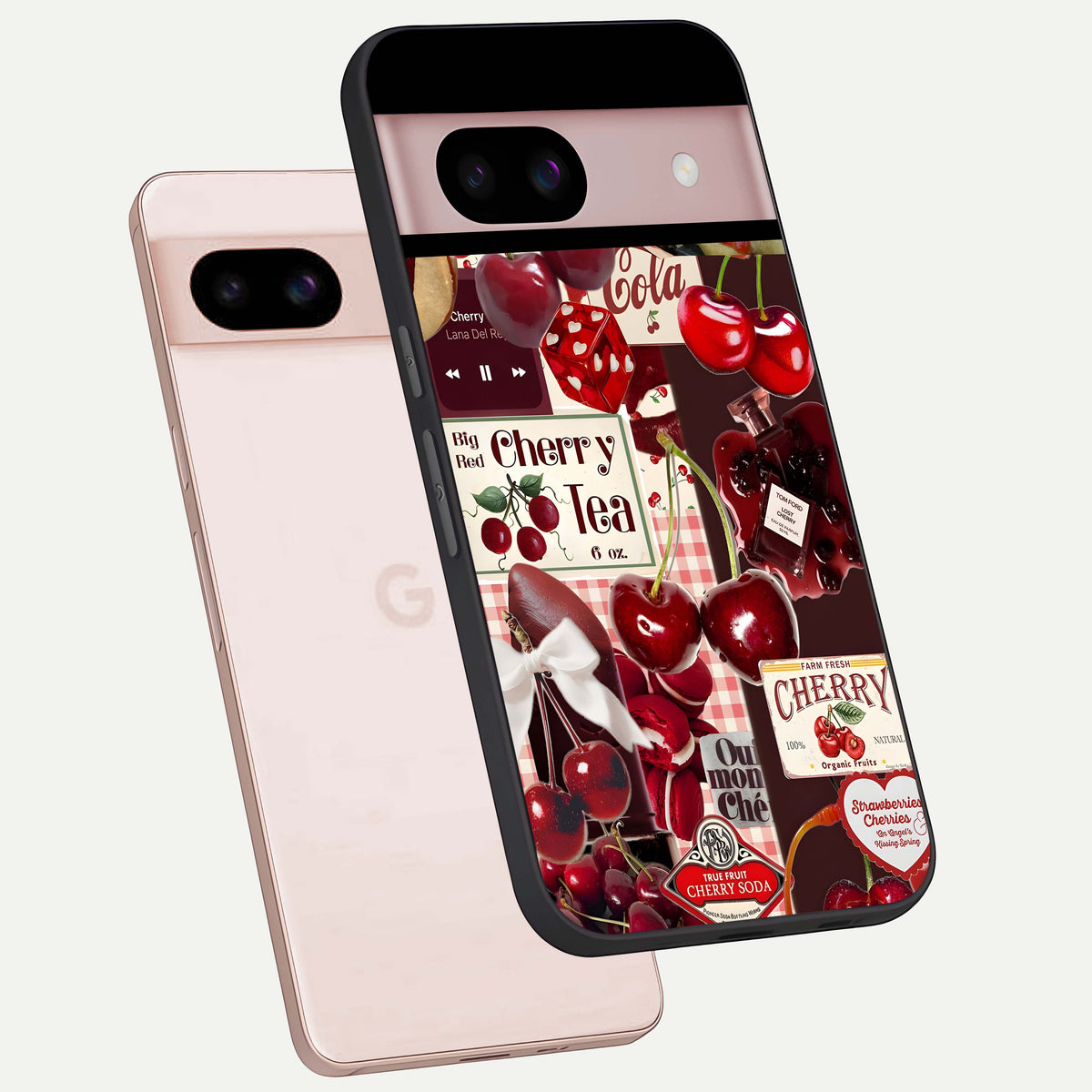  Aesthetic Cherry Tea phone case For Google Pixel 8 showing premium glass back cover with detailed artwork