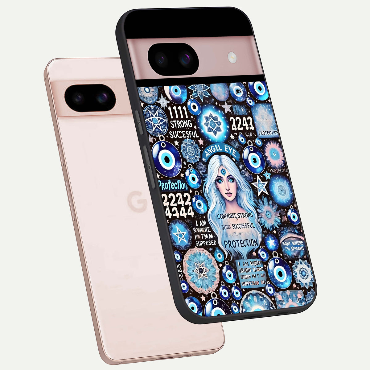  Angel Aura Shield phone case For Google Pixel 8 showing premium glass back cover with detailed artwork