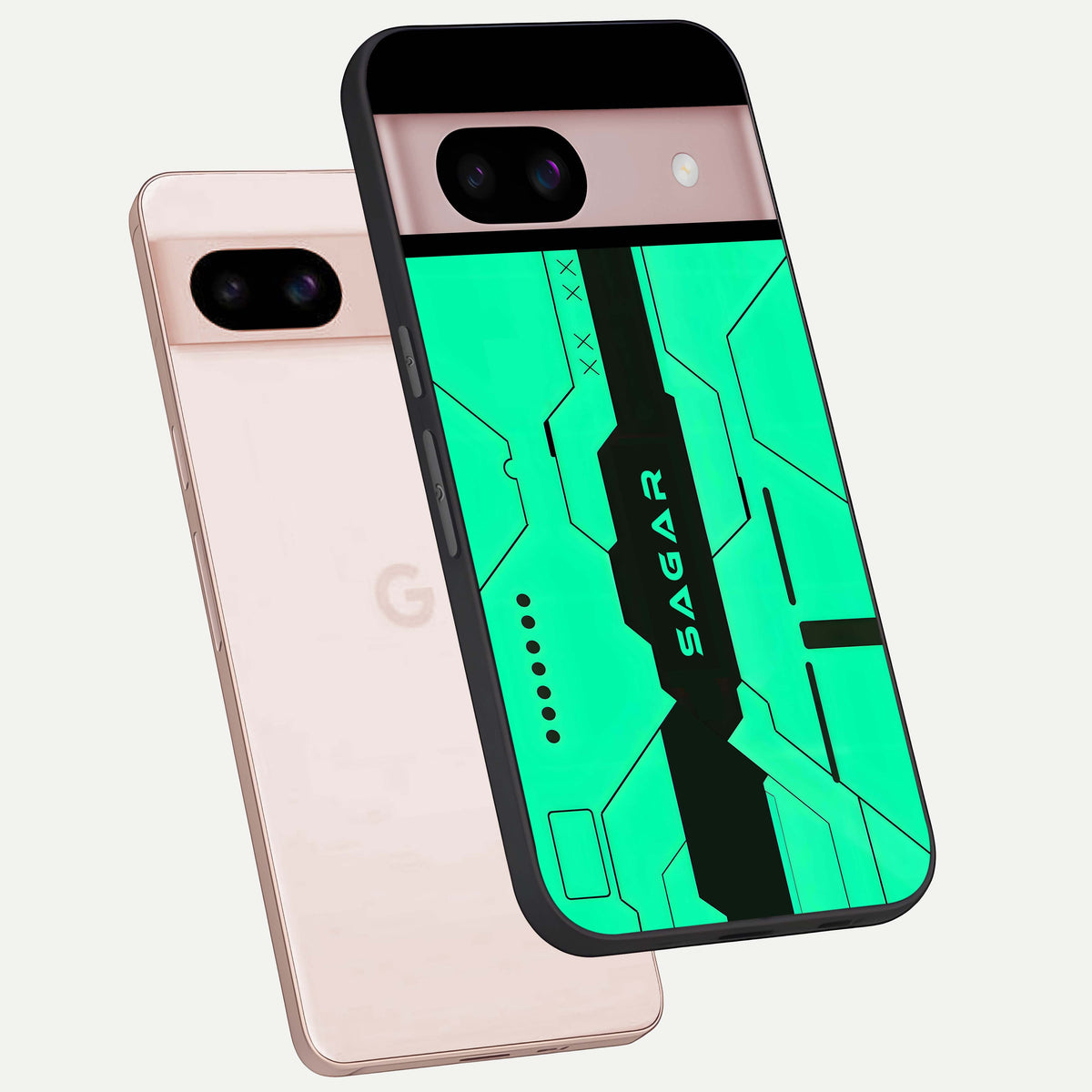  Aqua Tech CYBERPUNK Custom Name phone case For Google Pixel 8 showing premium glass back cover with detailed artwork