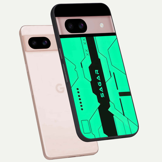  Aqua Tech CYBERPUNK Custom Name phone case For Google Pixel 8 showing premium glass back cover with detailed artwork