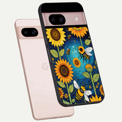  Bees And Sunflowers phone case For Google Pixel 8 showing premium glass back cover with detailed artwork