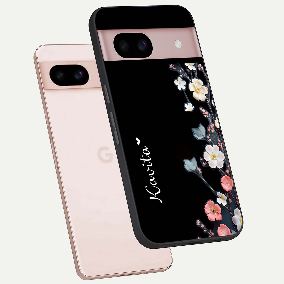  Black Elegance Floral Custom Name phone case For Google Pixel 8 showing premium glass back cover with detailed artwork