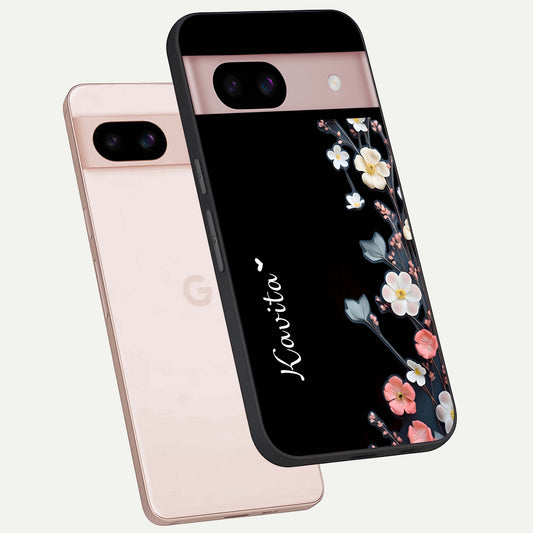  Black Elegance Floral Custom Name phone case For Google Pixel 8 showing premium glass back cover with detailed artwork
