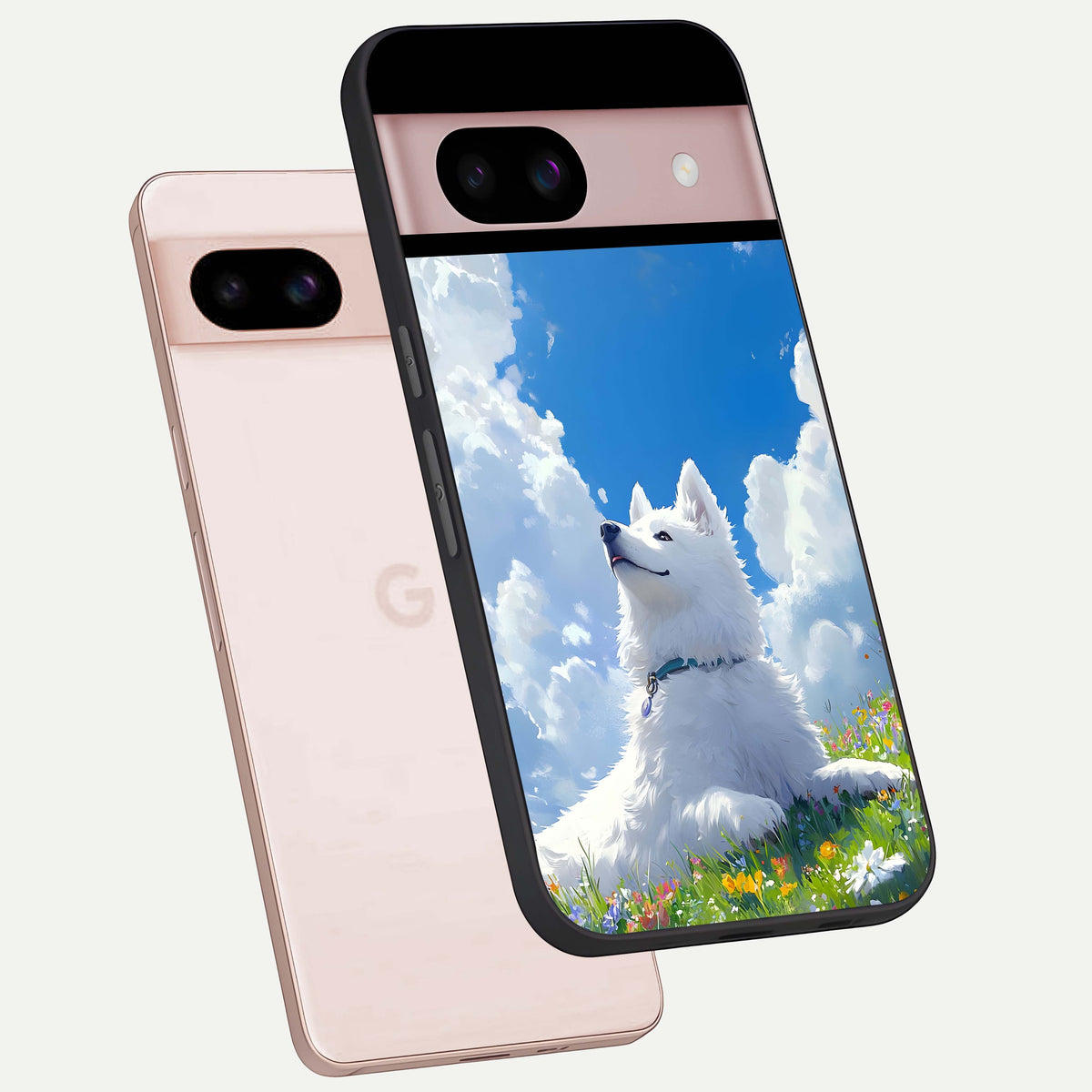  Blissful Cloud Pup phone case For Google Pixel 8 showing premium glass back cover with detailed artwork
