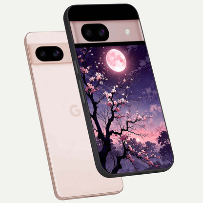  Blossom Pink Moon phone case For Google Pixel 8 showing premium glass back cover with detailed artwork