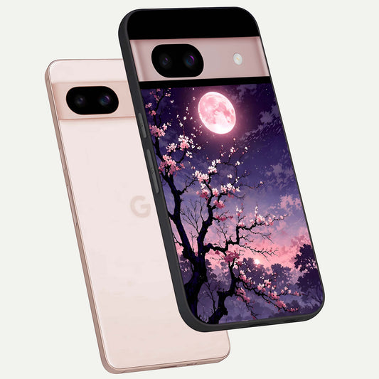  Blossom Pink Moon phone case For Google Pixel 8 showing premium glass back cover with detailed artwork