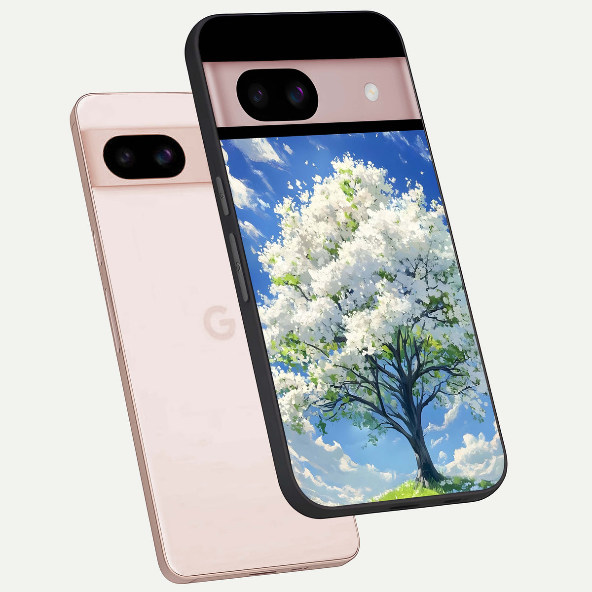  Blossom Sky Serenity phone case For Google Pixel 8 showing premium glass back cover with detailed artwork
